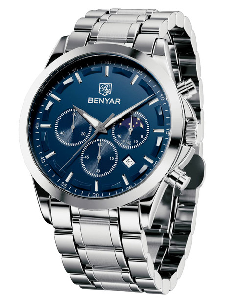 BENYAR Chronograph Wrist Watch For Men | Classic Design | Quartz Movement 3ATM Waterproof | Analog Quartz Watch | 22mm Stainless Steel | Scratch Resistant | Available in Blue Color