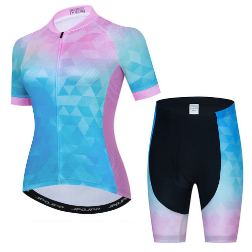 Blue Pink Womens Cycling Jersey Set, Summer Short Sleeve Ladies Mountain Dirt Bike Shirt and Shorts Padded Kit MTB Suit Cyclist Clothes Biker Biking Apparel BMX Bicycle Clothing, Medium