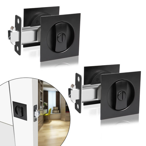 Pocket Door Lock Hardware Lock Black, Square Contemporary Privacy Pocket Door Hardware Matte Black, Bed/Bath Pocket Door Lock Black, Flush Pocket Door Lock 2 Pack