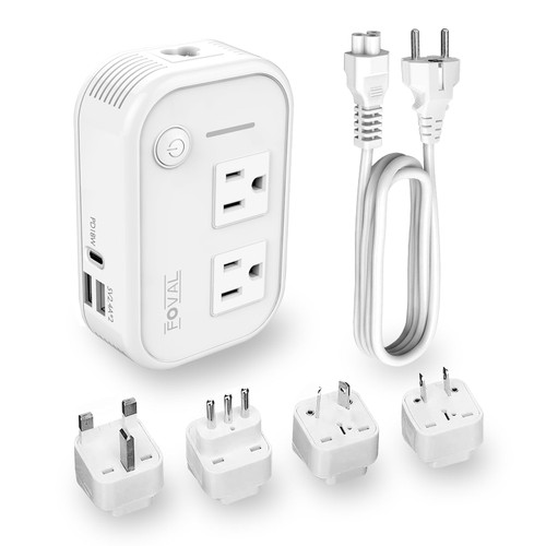 FOVAL 230W Step Down Power Converter - Voltage Converter 220V to 110V International Travel Adapter with [Upgraded 18W PD USB-C] 3 USB Ports 2 AC Outlets US to Europe Italy UK AU Plug Adapter (White)