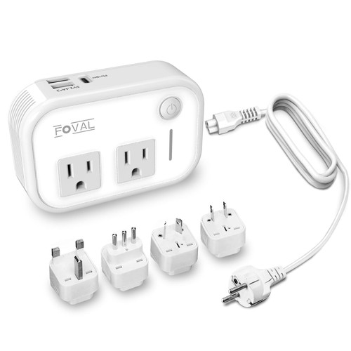 220V to 110V Converter Travel Adapter: FOVAL International Power Converter with [18W PD USB-C] 3 USB Ports 2 AC Outlets Voltage Converter US to Europe UK AU US Italy Worldwide Plug Power Adapter