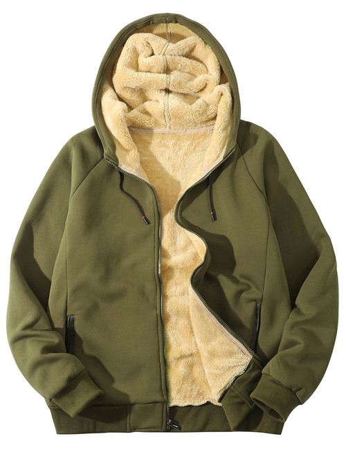 Flygo Hoodies for Men Zip Up Winter Fleece Sherpa Lined Sweatshirt Warm Jacket(Army Green-XL)