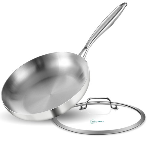 LOLYKITCH 10 Inch Tri-ply 18/8 Stainless Steel Chef's Pan,Frying Pan with Lid,Skillet,Induction Pan,Pot and Pan Set,Dishwasher and Oven Safe.(Removable Handle)