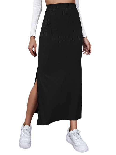 SheIn Women's High Waisted Split Thigh Rib Knit Long Maxi Bodycon Pencil Skirt Black Small