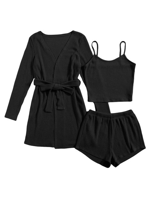 SOLY HUX Womens Pajama Sets 3 Piece Lounge Set Ribbed Knit Cami Top and Shorts Soft Sleepwear with Robe Cardigan Solid Black L