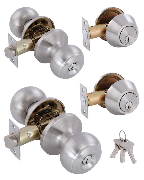 GITRANG (2 Pack All Keyed Identical Deadbolt Door knob Single Cylinder Deadbolt Lock Combo Set, Classic Satin Nickel Exterior Door Knobs with Deadbolt Entrance and Front Door Lock