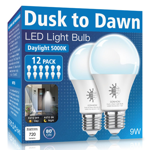 Gonhom 12 Pack Dusk to Dawn Light Bulbs Outdoor, 5000K-Daylight, 720LM, 9W(60W Equivalent) A19 E26 Automatic On/Off LED Light Bulbs, Dusk to Dawn LED Outdoor Lighting for Porch Garage Patio Gonhom 12 Pack Dusk to Dawn Light Bulbs Outdoor, 5000K-Daylight, 720LM, 9W(60W Equivalent) A19 E26 Automatic On/Off LED Light Bulbs, Dusk to Dawn LED Outdoor Lighting for Porch Garage Patio