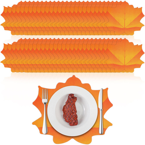 Hushee 300 Pcs Thanksgiving Placemats Fall Harvest Leaf Place Mats Disposable Orange Maple Leaf Shaped Paper Place Mats for Thanksgiving Autumn Dinner Table Decoration Party Decor, 13 x 15 Inches