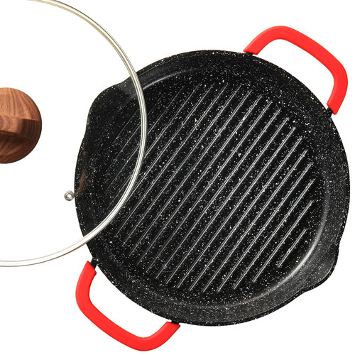 ESLITE LIFE Nonstick Grill Pan with Lid for Stove Tops, 11 Inch Ceramic Coating Round Grill Skillet Compatible with All Stovetops (Gas, Electric & Induction), PFOA Free, Black