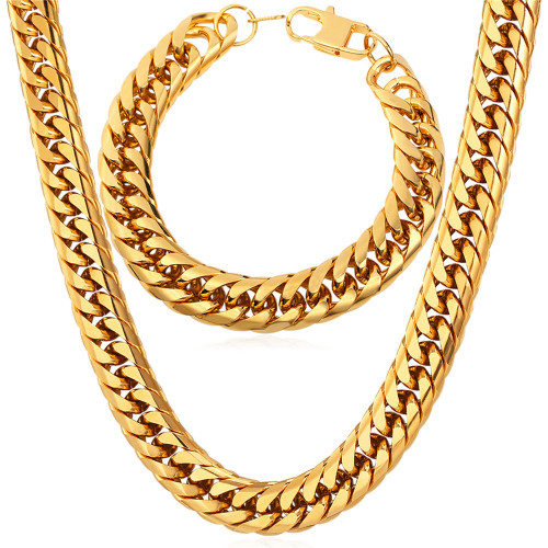 U7 28 Inch Cuban Chain Necklace with 9 Inches Bracelet, Gold Plated Stainless Steel 12mm Thick Miami Cuban Link Franco Curb Chain Set Men Hip Hop Jewelry Gift