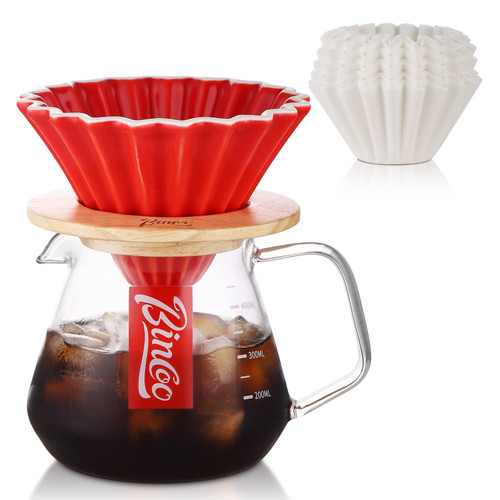 Bincoo Pour Over Coffee Maker Set with Dripper,400ml Glass Coffee Server Set,V60 Ceramics Coffee Dripper with Wood Stand&Filter Paper for Home Office Gift