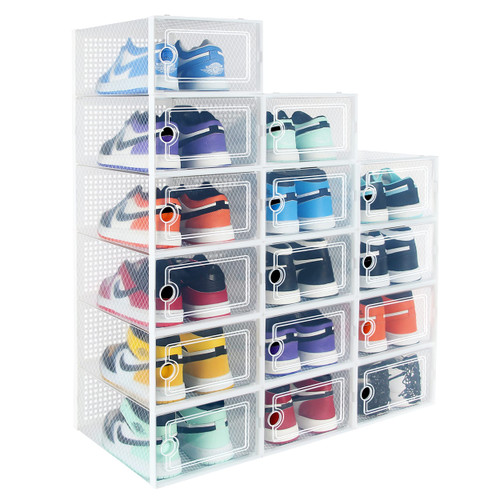 Hrrsaki Large 15 Pack Shoe Storage Organizer Boxes, Clear Shoe Boxes Stackable, Shoe Organizer for Closet, Foldable Shoe Storage Boxes, Shoe Containers for Entryway, White