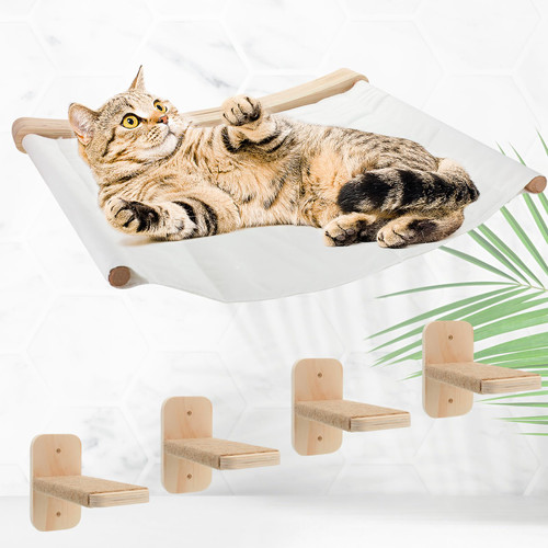 Kigley Cat Hammock Wall Mounted Cat Shelf with 4 Sisal Steps Mounted Stairs, Large Cat Wall Shelves and Perches, Sturdy Soft Cat Wall Bed for Sleeping, Playing, Climbing and Lounging