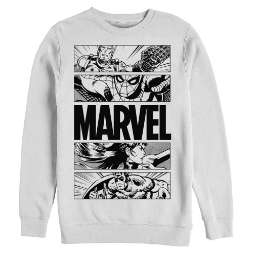 Marvel Men's Classic Graphic Panels Pullover Crew Fleece, White, Small