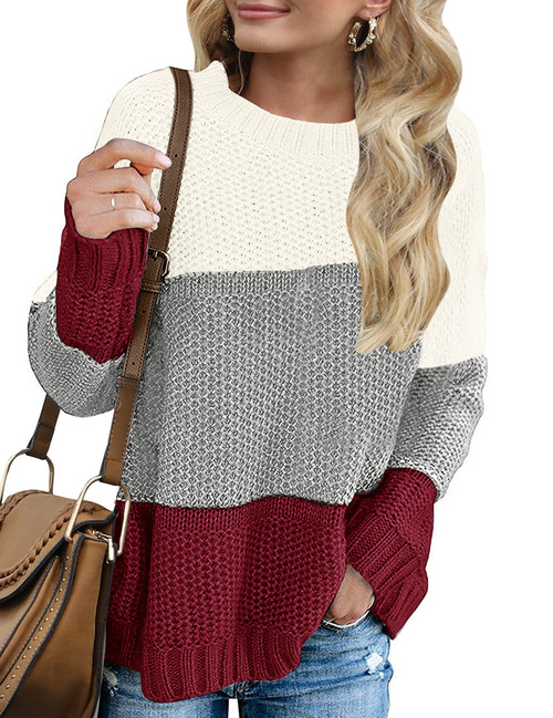 MEROKEETY Women's Crew Neck Long Sleeve Color Block Knit Sweater Casual Pullover Jumper Tops,A-Wine,M