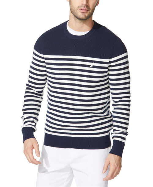 Nautica Men's Crew Neck Stripe Knit Sweater,Long Sleeve, Navy, Large