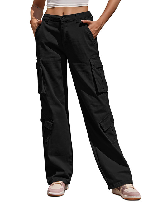 ZMPSIISA Women Pants High Waisted Cargo Pants Combat Military Trousers Wide Leg Casual Pants 8 Pockets (Black,Small)