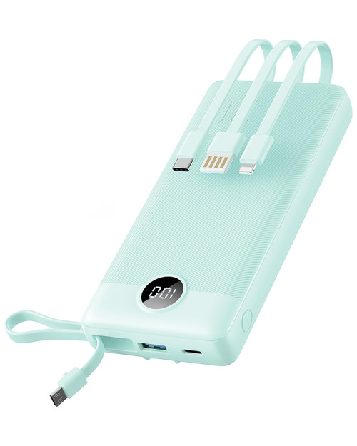 VRURC Portable Charger with Built in Cable, 20000mAh USB C Power Bank, 22.5W Fast Charging LED Display Phone Charger, 4 Output 2 Input Battery Pack Compatible with iPhone,Samsung,Android-Green