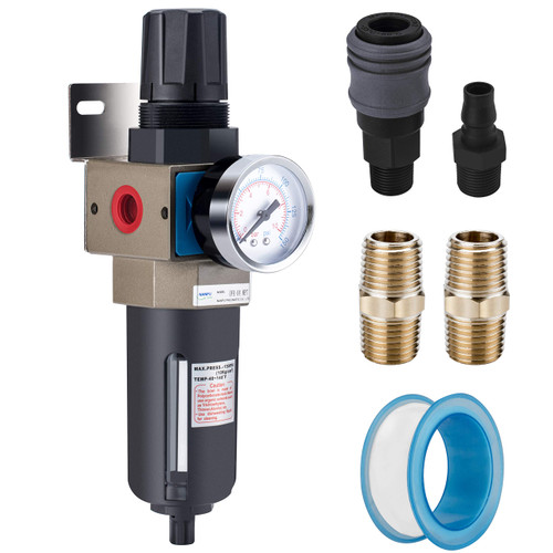NANPU 1/4" NPT Compressed Air Filter Regulator, 5 Micron Brass Element, 0-150 psi Gauge, Manual Drain, Metal Bracket