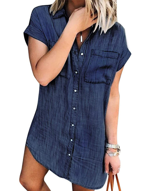 Zilcremo Women Denim Shirt Dresses Short Sleeve Distressed Jean Dress Button Down Casual Tunic Top Navy XL