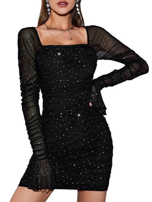 WDIRARA Women's Mesh Glitter Sequins Ruched Square Neck Long Sleeve Club Party Bodycon Mini Dress Black S