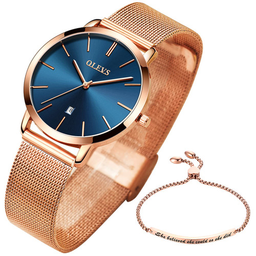 OLEVS Watch for Womens and Bracelet Gift Set Rose Gold for Lady Female Navy Blue Big Face Ultra Thin Minimalist Fashion Casual Slim Dress Date Analog Quartz Wristwatch Waterproof with Mesh Steel Band