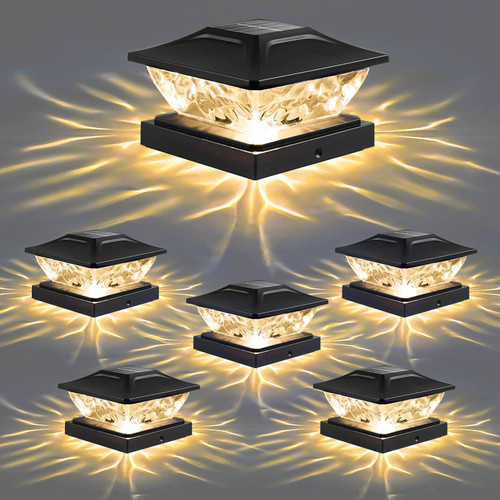 Solar Post Cap Lights Outdoor - 6 Pack 2 Modes Solar Deck Fence Lights, IP65 Waterproof Solar Powered Light Fit 3.5x3.5 4x4 4.5x4.5 5x5 Posts Garden Porch Patio Decorations, Warm White & Bright White
