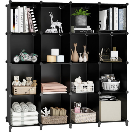 Lxvckly Cube Storage Organizer 16-Cube Storage Shelf Bookcase Bookshelf Portable Closet Clothes Organizers and Storage, Modular Storage Cubes Cabinet for Kids, Closet, Bedroom, Bathroom Black