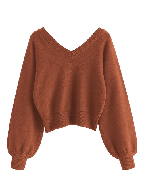ZAFUL Women's Cropped Sweater V-Neck Long Sleeve Crop Sweater Pullover Jumper Knit Top (1-Brick Red, M)