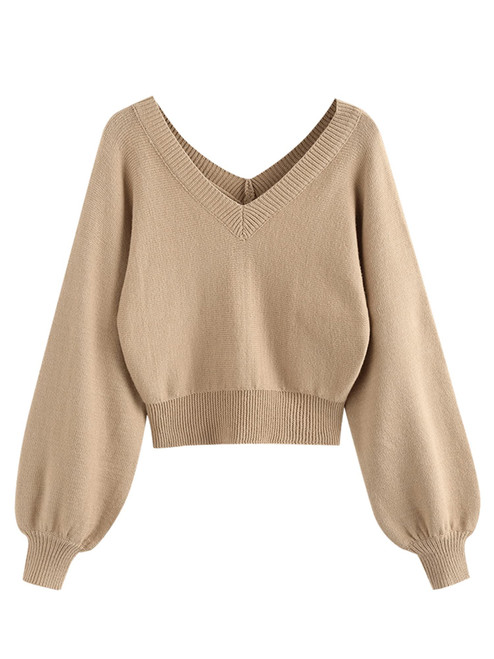 ZAFUL Women's Cropped Sweater V-Neck Long Sleeve Crop Sweater Pullover Jumper Knit Top (1-Light Khaki, S)