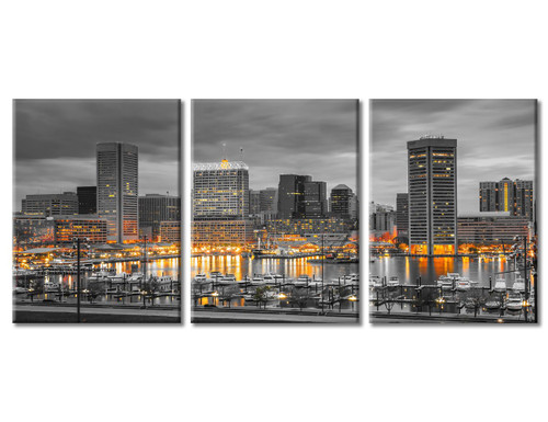 TUMOVO Baltimore City Skyline Canvas Wall Art 3 Panel American Cityscape Pictures Black and White Wall Art Beautiful Cityscape Modern Artwork Wall Decor Framed Ready to Hang (36" Wx16 H)