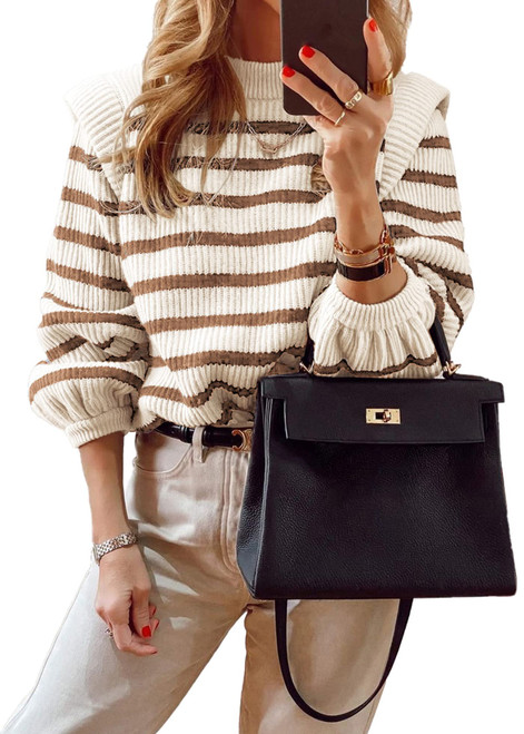 PRETTYGARDEN Women's Sweaters Casual Long Lantern Sleeve Crewneck Ribbed Knit Pullover Striped Jumper Tops Blouse (Striped Brown,Medium)