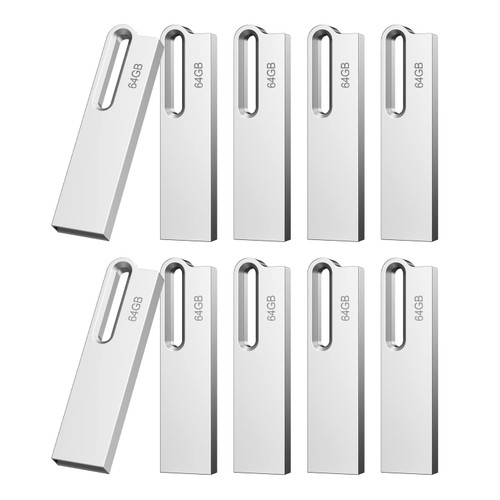 Aiibe 64GB Flash Drive 10 Pack Metal USB Drive Thumb Drive 64GB USB 2.0 Memory Stick Waterproof 64GB USB Flash Drive Bulk Portable Jump Drive Zip Drives with Keychain (64GB, Colors: Silver)