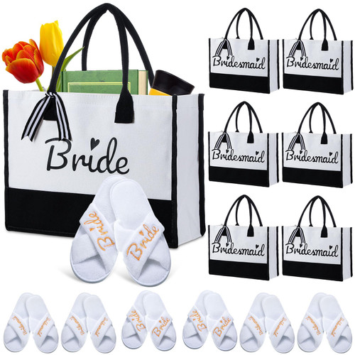 Didaey 12 Pack Bride Gift Set Include Bride Bridesmaid Tote Bag Bridal Shower Canvas Tote Bag Bride Wedding Slippers for Bridal Shower Bachelorette Party Engagement Honeymoon Bridal Newlyweds Present