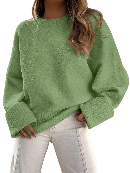 LILLUSORY Women's Oversized Sweaters 2023 Fall Fashion Trendy Casual Outfits Tops Long Sleeve Crew Neck Fuzzy Knit Chunky Warm Knitted Pullover Cashmere Clothes Green