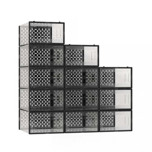 GTMOON Large Shoe Storage Boxes, 12 Pack Shoe Boxes Clear Plastic Stackable, Shoe Organizer Box for Closet, Stackable Sneaker Containers Case Bins with Lids, Great Alternative to Shoe Racks, Black