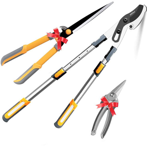 AIRAJ 3PCS Hedge Clippers & Shears Set,1 Branch Cutter Bushes Clipper Trimmer, 1 Heavy Duty Extendable Metal Anvil Bypass Loppers for Cutting Tree , 1 Garden Pruners for Trimming Borders?SK5 Blade