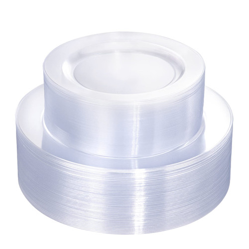 FLOWERCAT 100PCS Clear Plastic Disposable Plates for Party/Wedding- Heavy Duty Clear, Include 50PCS 10.25inch Clear Dinner Plates and 50PCS 7.5inch Clear Dessert/Salad Plates