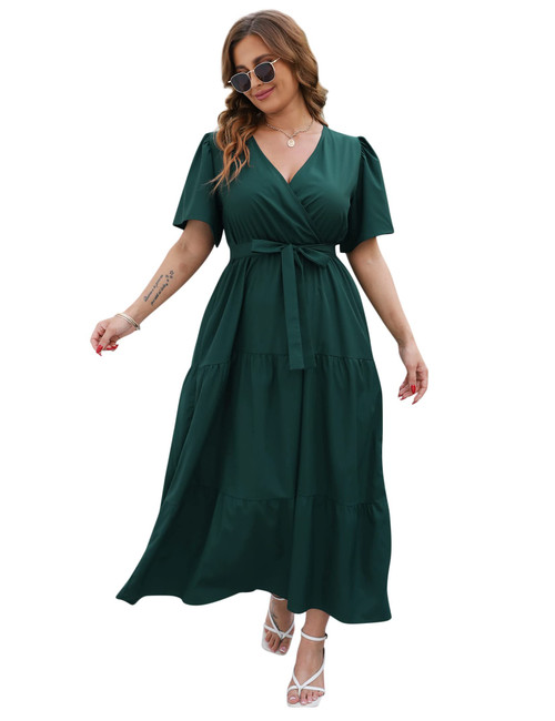 KOJOOIN Women Plus Size V Neck Wrap Maxi Dress High Waist Ruffle Summer Casual Dress with Belt Short Sleeve Green Solid 2XL