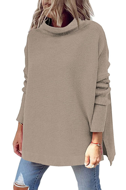 LILLUSORY Women's Mock Turtleneck Casual Oversized Sweater Long Batwing Sleeve Ribbed Knit Pullover Tops Cozy Winter Outfits Lightkhaki