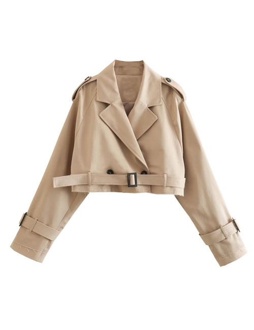 Wyeysyt Women's Cropped Jacket Lapel Long Sleeve Crop Trench Coat Loose Pea Outwear with Belt(Khaki-M)