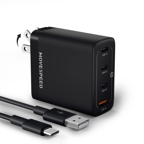 100W USB C Charger, MOVESPEED 4-Port GaN PD Wall Charger Block, Foldable Fast Power Adapter, Type C Charging Station for Laptops, MacBook Pro, iPhone 14 13 Pro, iPad Pro, Galaxy, Dell, Thinkpad etc.
