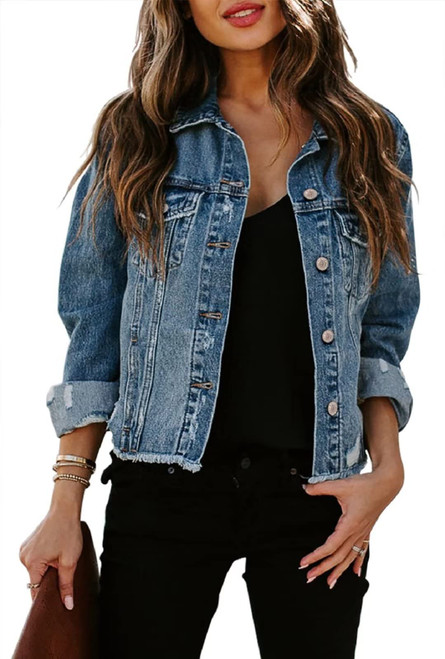 ZOLUCKY Women's Casual Basic Button Down Fitted Jean Jacket Long Sleeves Denim Jacket House Wear Cropped Jean Jacket, Navy Medium