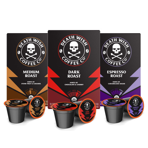 DEATH WISH COFFEE - Single Serve Coffee - Extra Kick of Caffeine - 10 Each of Medium, Dark, and Espresso Roast - Mixed Roast Variety Pack DEATH WISH COFFEE - Single Serve Coffee - Extra Kick of Caffeine - 10 Each of Medium, Dark, and Espresso Roast - Mixed Roast Variety Pack