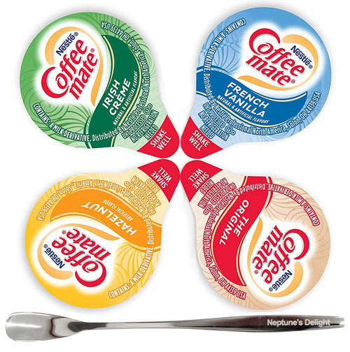 Coffee mate Liquid Creamer Singles Variety Pack, 180ct, 4 Flavors x 45 Each, Irish Creme, Original, French Vanilla, Hazelnut with Neptune's Delight Stainless Steel Stirrer