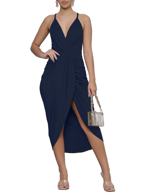 LYANER Women's V Neck Ruched Wrap Slit Hem Sleeveless Spaghetti Strap Midi Bodycon Dress Dark Blue X-Large