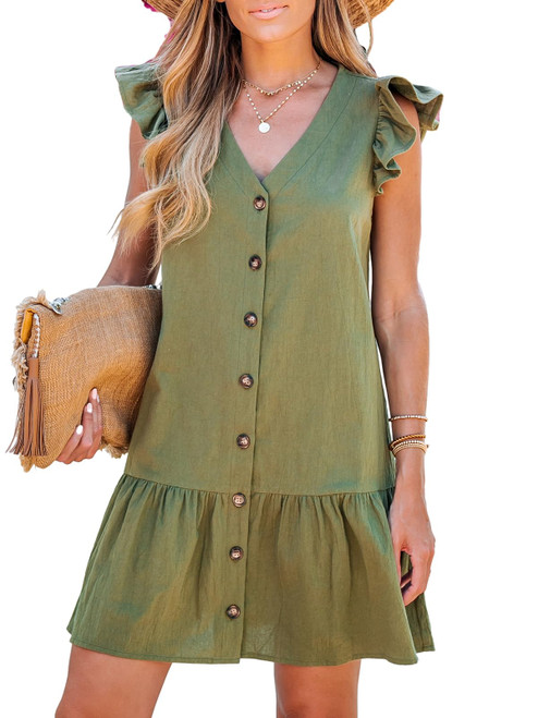 CUPSHE Women's Button-Front Flounce Dress V Neck Button Front Dresses Casual Summer, X-Large Olive Green