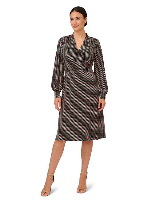 Adrianna Papell Women's Printed Faux Wrap Dress with Long Bishop Sleeves, Hunter Semi Circle Interlock