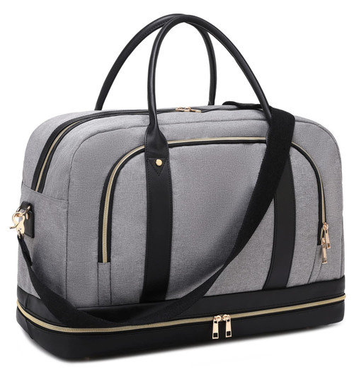 Weekender Bags for Women Ladies Overnight Bag Carry on Duffle Bag for Travel with Trolley Sleeve Shoe Compartment, Grey