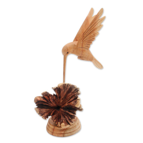 NOVICA Artisan Handmade Wood Sculpture Jempinis Hummingbird from Bali Brown Indonesia Sustainable Animal Themed Eco Friendly 'Feasting Hummingbird'